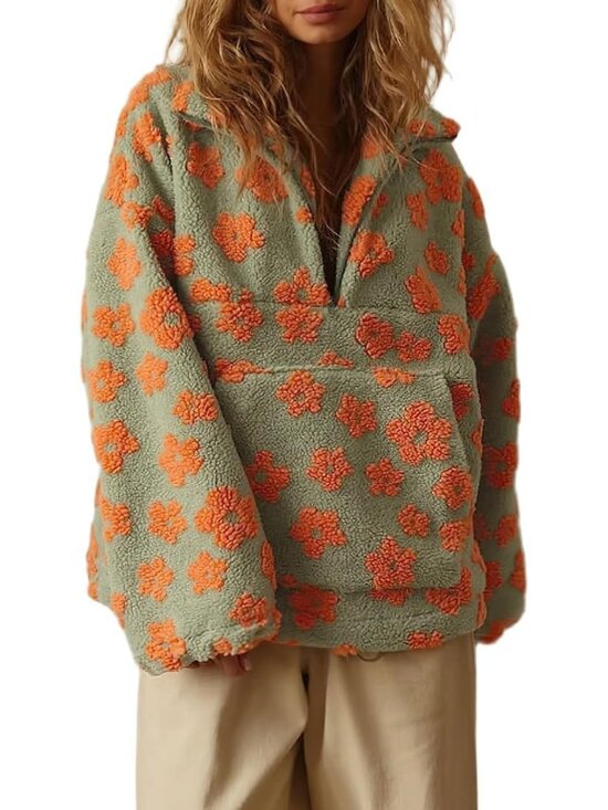 Tops - Womens Green Orange Floral Faux Fur Fleece Pullover Y2k Sherpa ZIP Winter Jacket